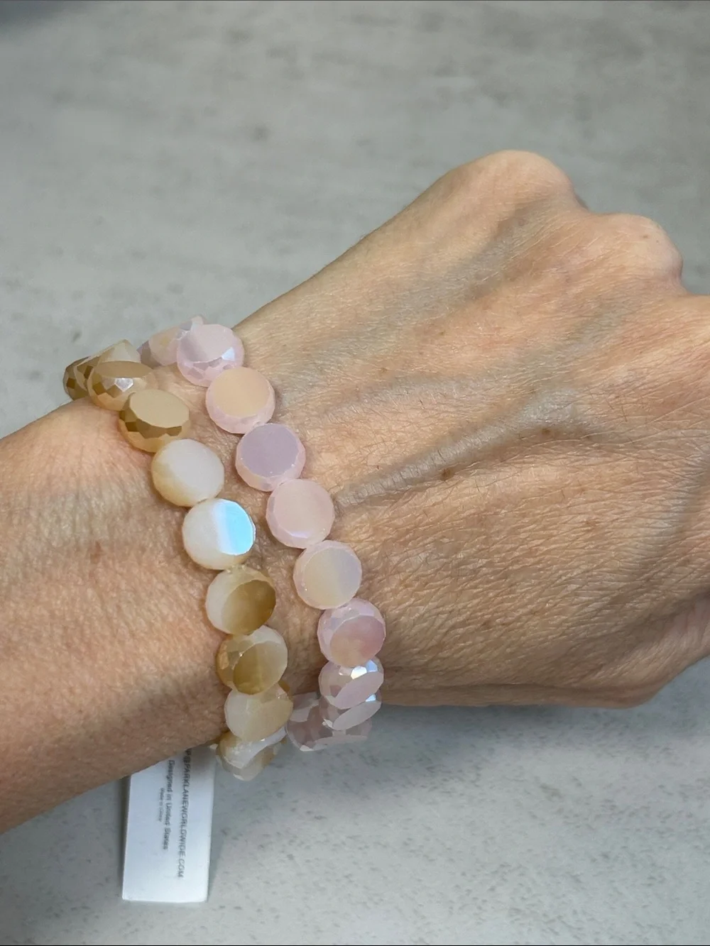 2 Faceted Round Crystal Bead Stretch Bracelets - Pink & Beige